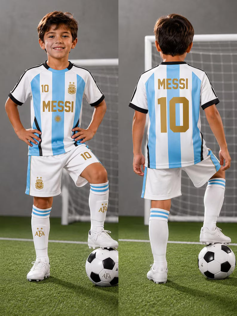 Messi 10 kids Soccer Set, Football Jersey and Shorts, Customized Youth Shirt, Gift for Argentina Fans, Christmas, Football kids kit