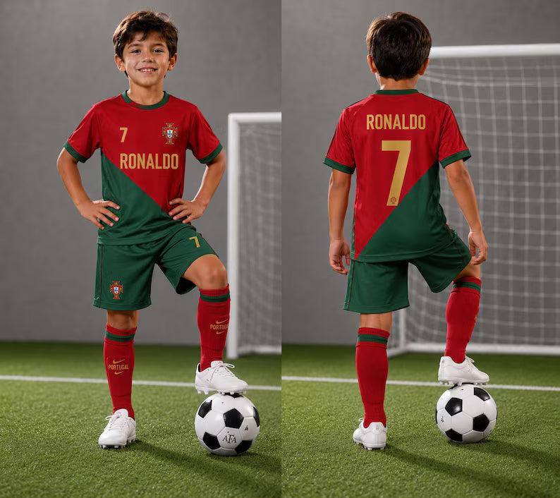 Ronaldo CR7 kids Soccer Set, Football Jersey and Shorts, Customized Youth Shirt, Gift for purtagal Fans, Christmas, Football kids kit