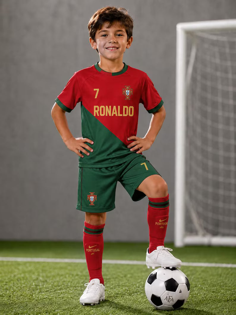 Ronaldo CR7 kids Soccer Set, Football Jersey and Shorts, Customized Youth Shirt, Gift for purtagal Fans, Christmas, Football kids kit